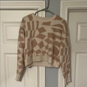 Cream and Tan Crew Neck Sweater with Geometric Pattern